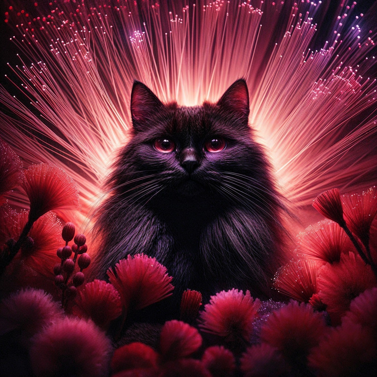 Majestic black cat in vibrant, ethereal floral scene