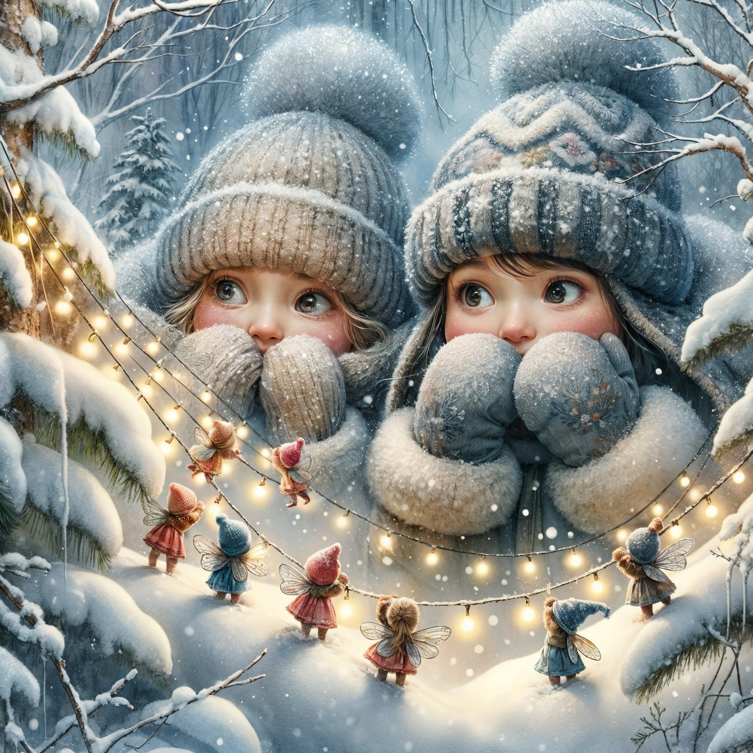 Children in Winter Hats Admire Glowing Fairy Lights