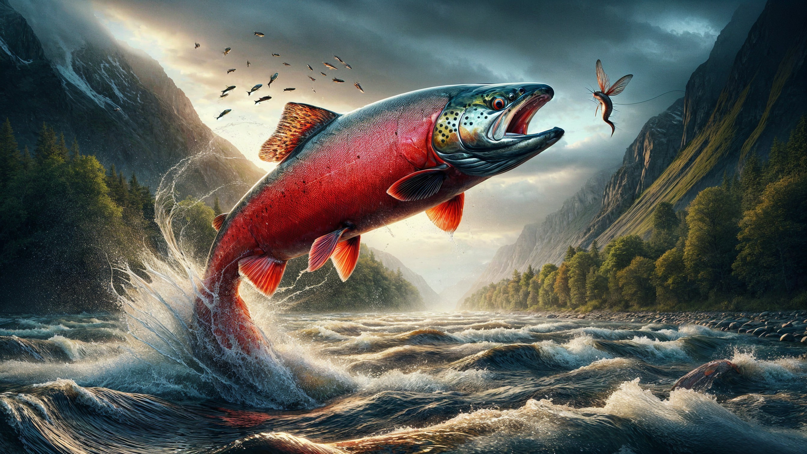 Salmon Leaping in Pristine Wilderness Landscape