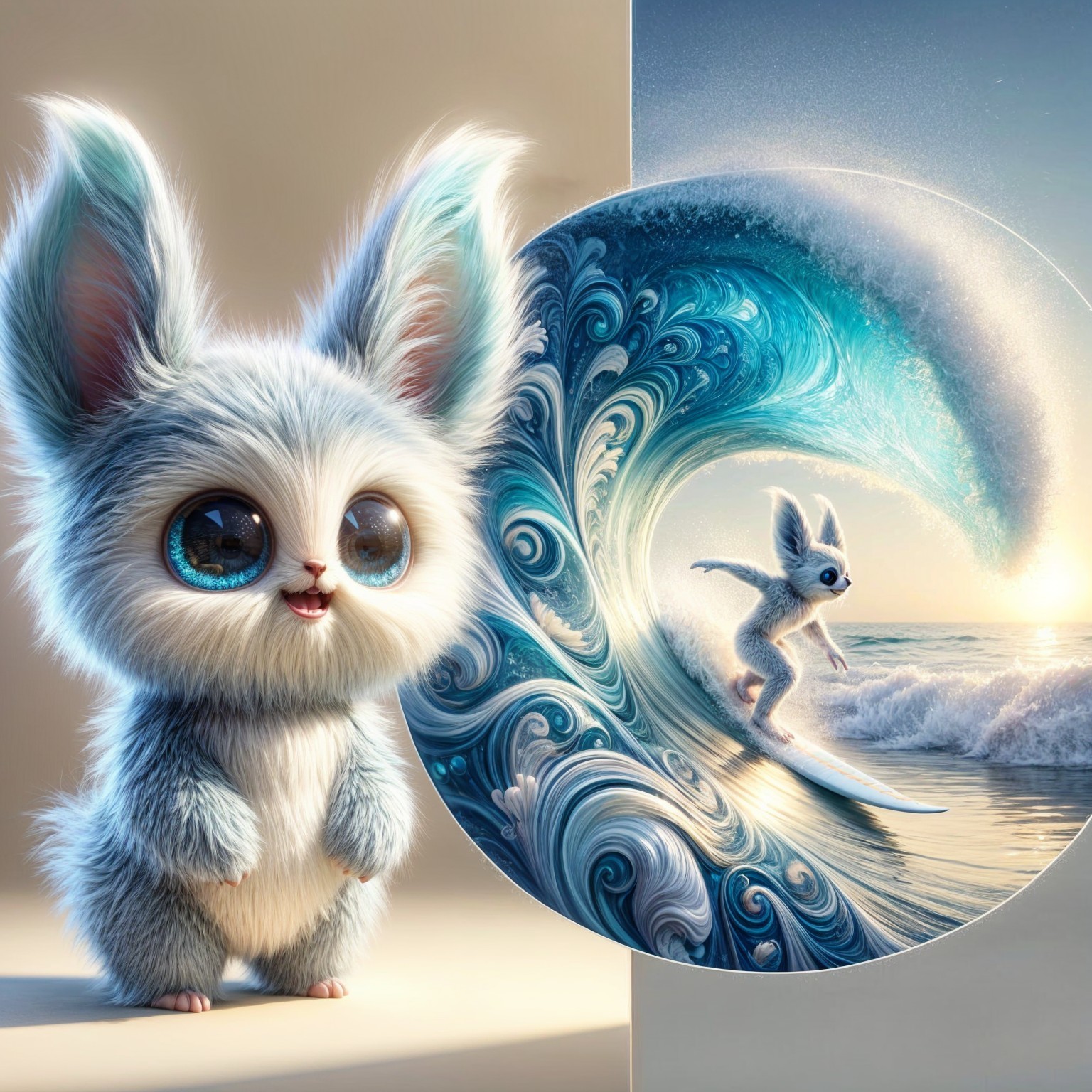 Fluffy Creature Surfing in a Colorful Beach Scene