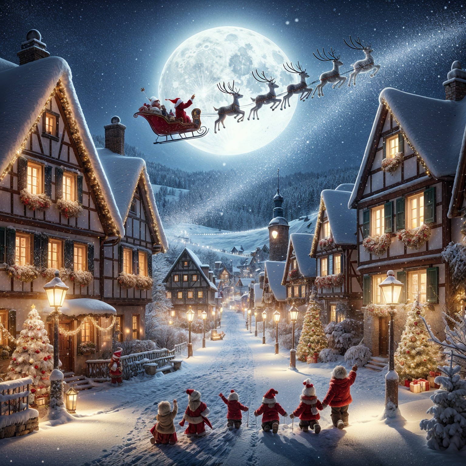 Charming Winter Village Scene with Santa and Snowflakes