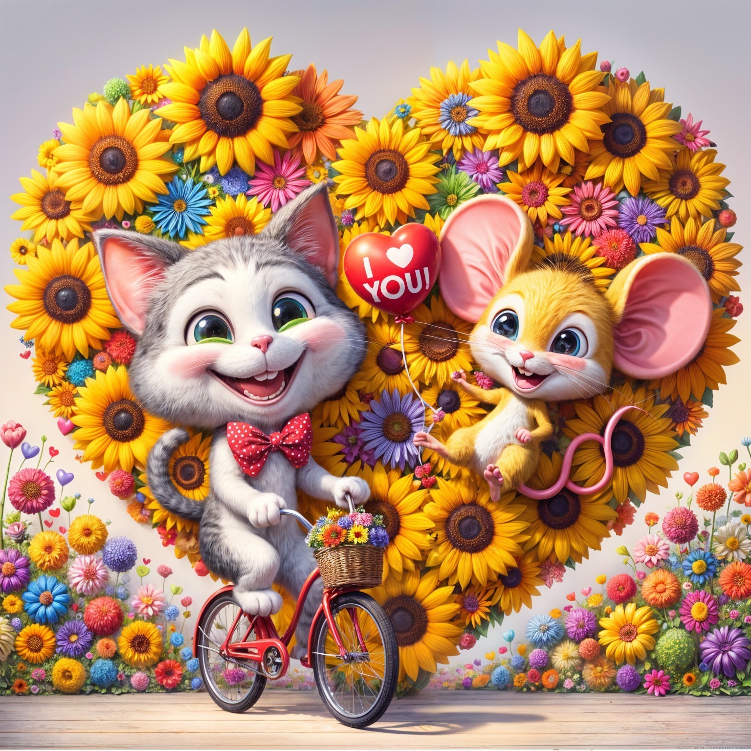 Cheerful Cat and Mouse in a Whimsical Flower Scene