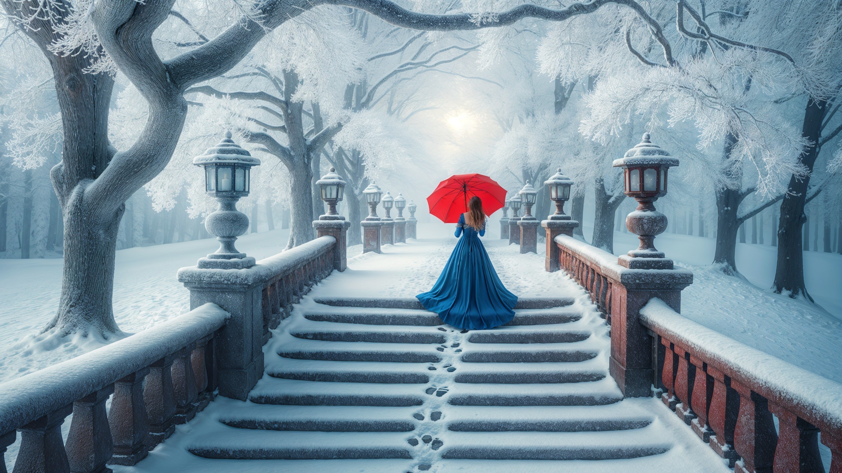 Winter Scene with Woman in Blue Dress and Red Umbrella