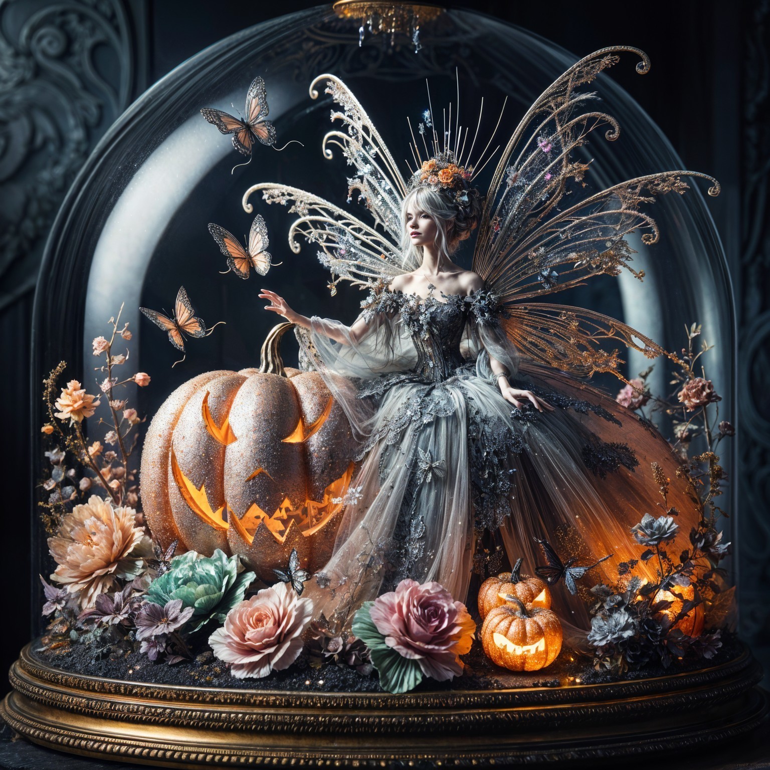 Whimsical Fairy Scene in Glass Dome with Autumn Decor