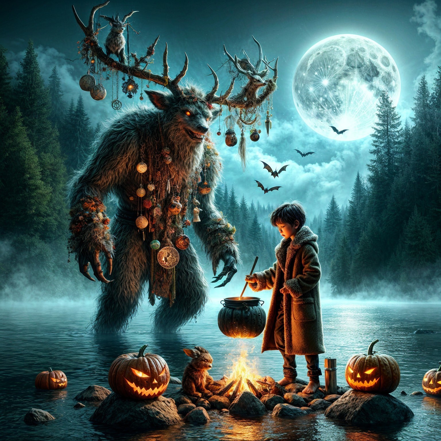 Mystical Forest Scene with Boy and Enchanted Creature