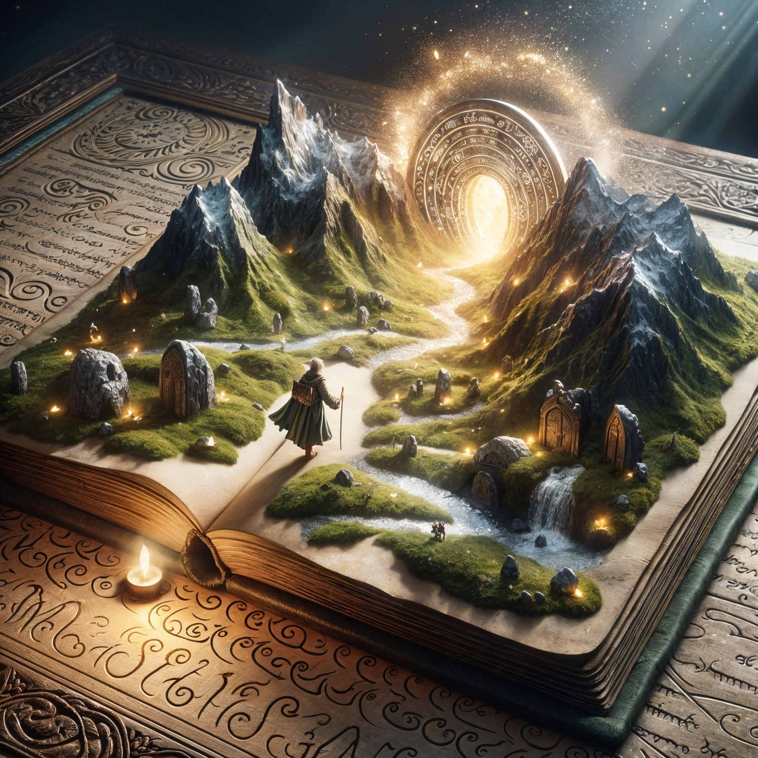 Miniature Landscape in an Open Book with Mystical Symbols