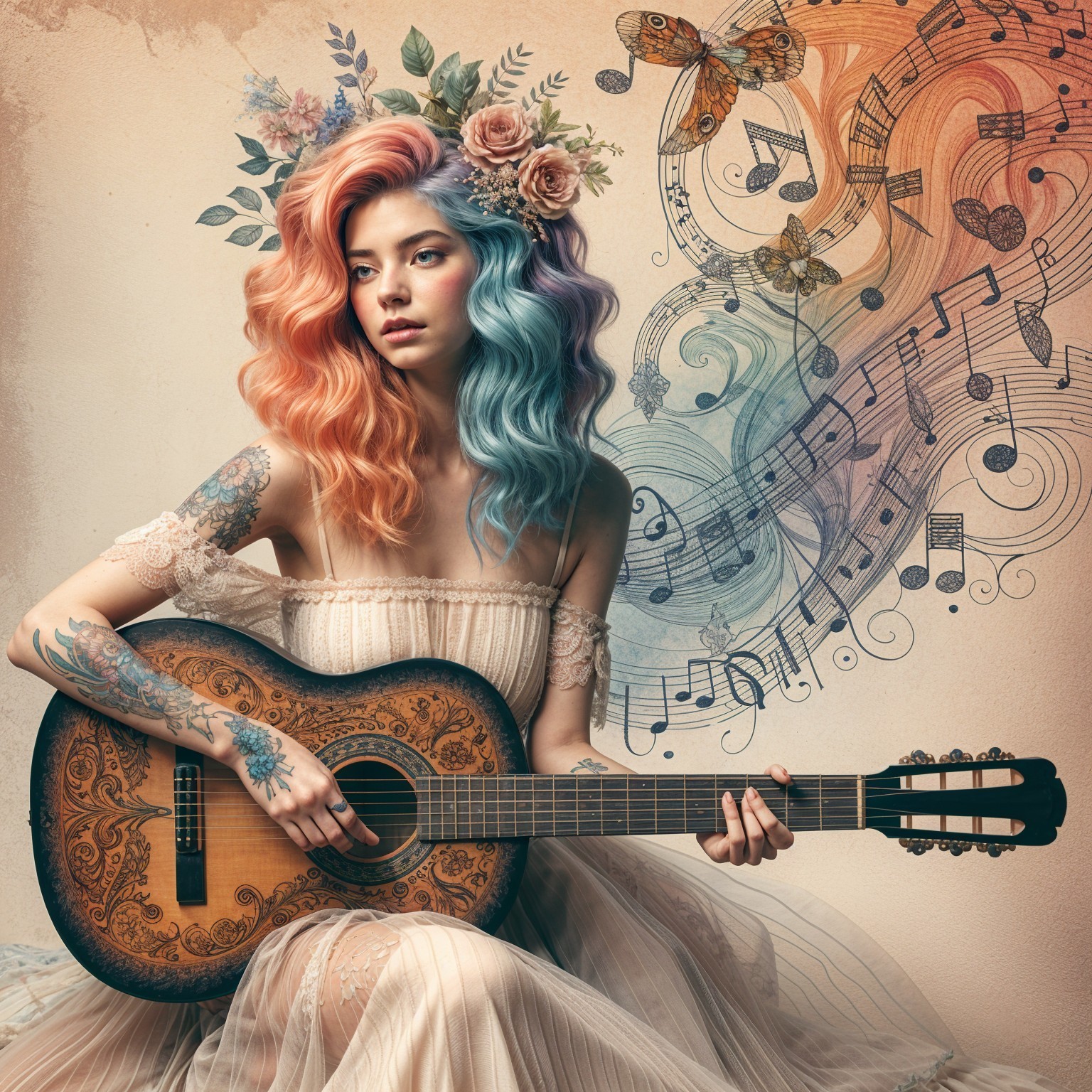 Young woman with colorful hair and ornate guitar