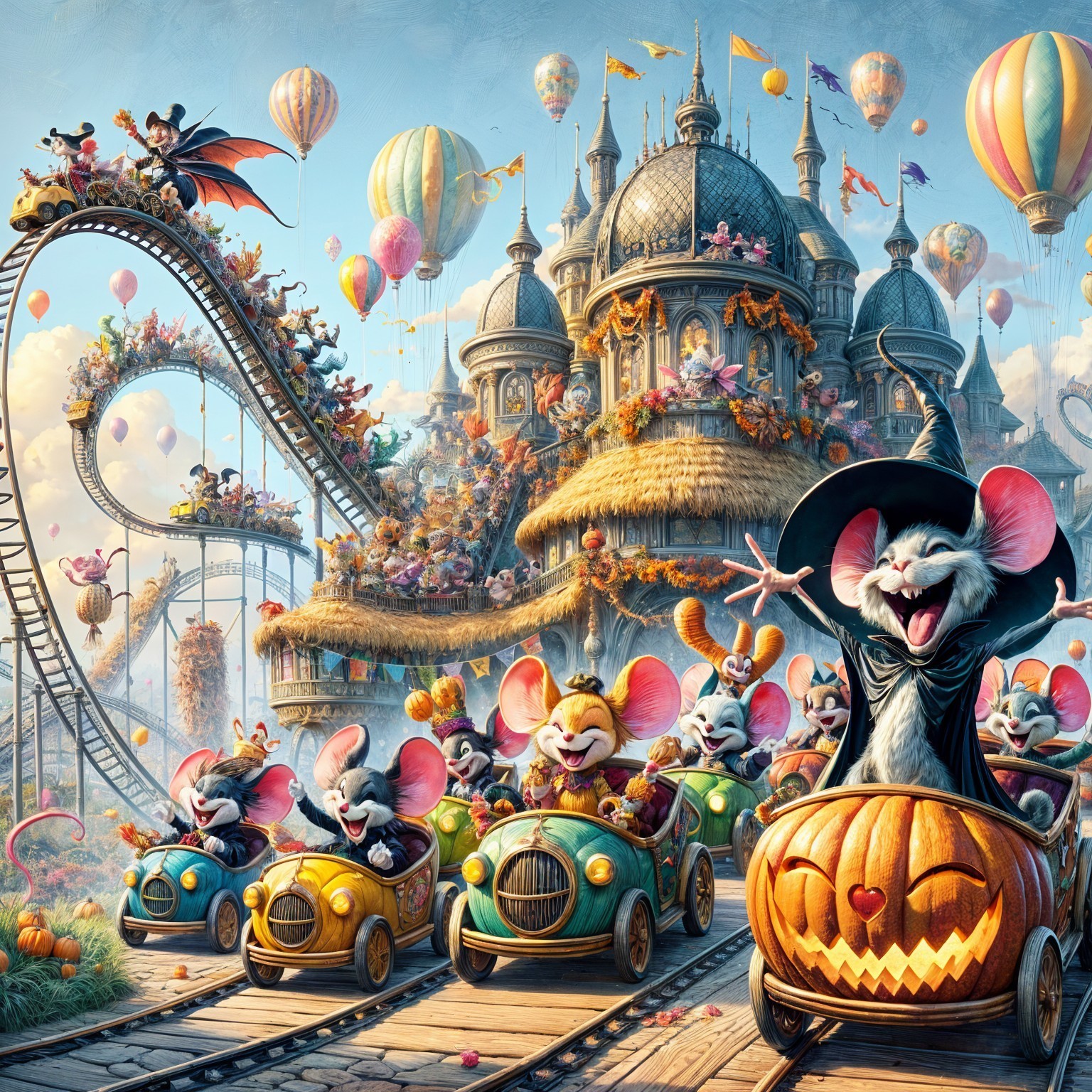 Cheerful Cartoon Mice on Colorful Roller Coaster
