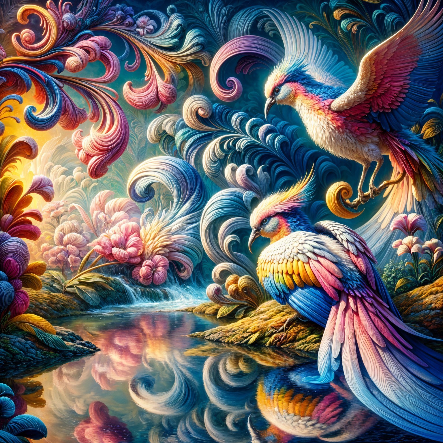 Colorful Birds Above a Tranquil Pond Scene