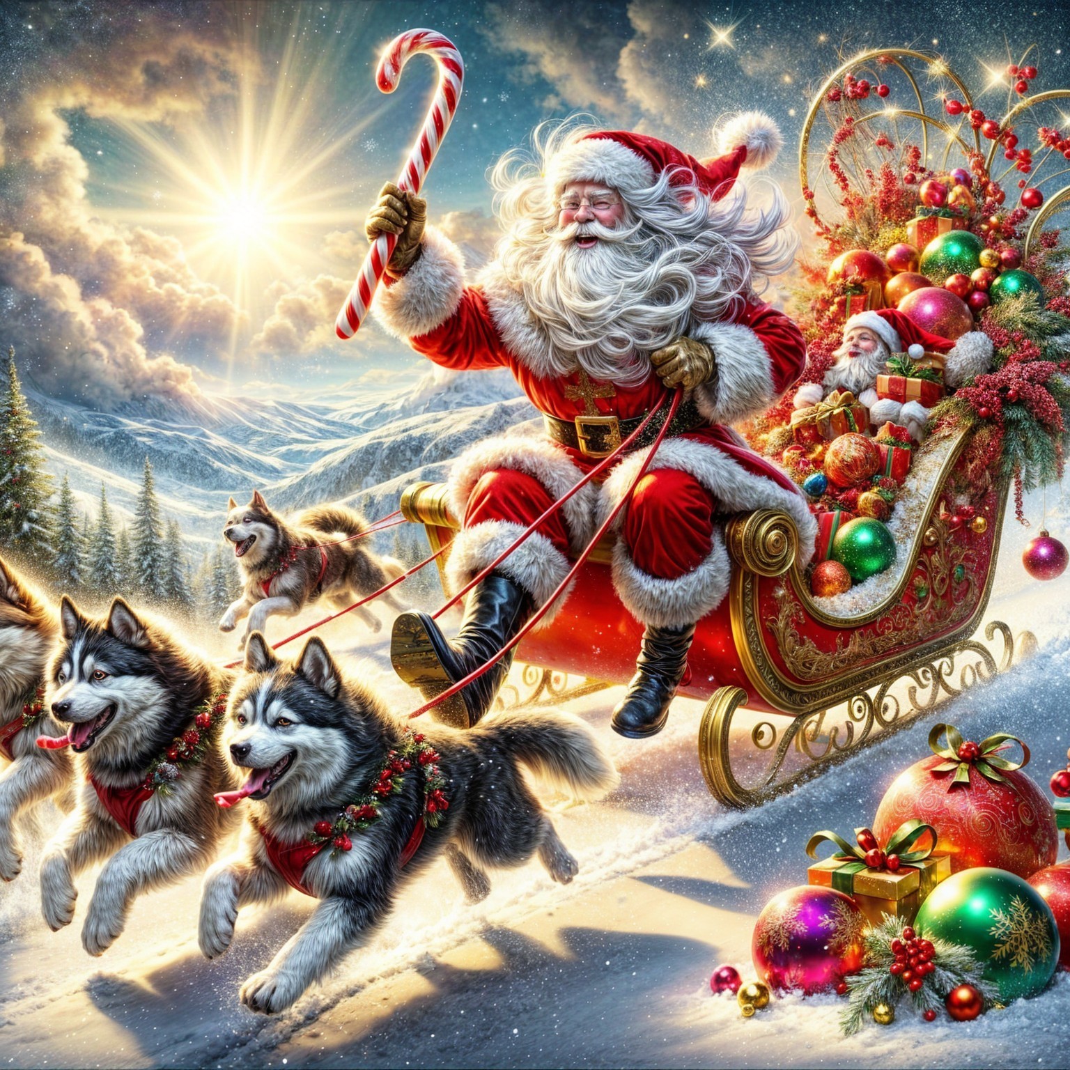 Santa Claus in a decorated sleigh with huskies in snow