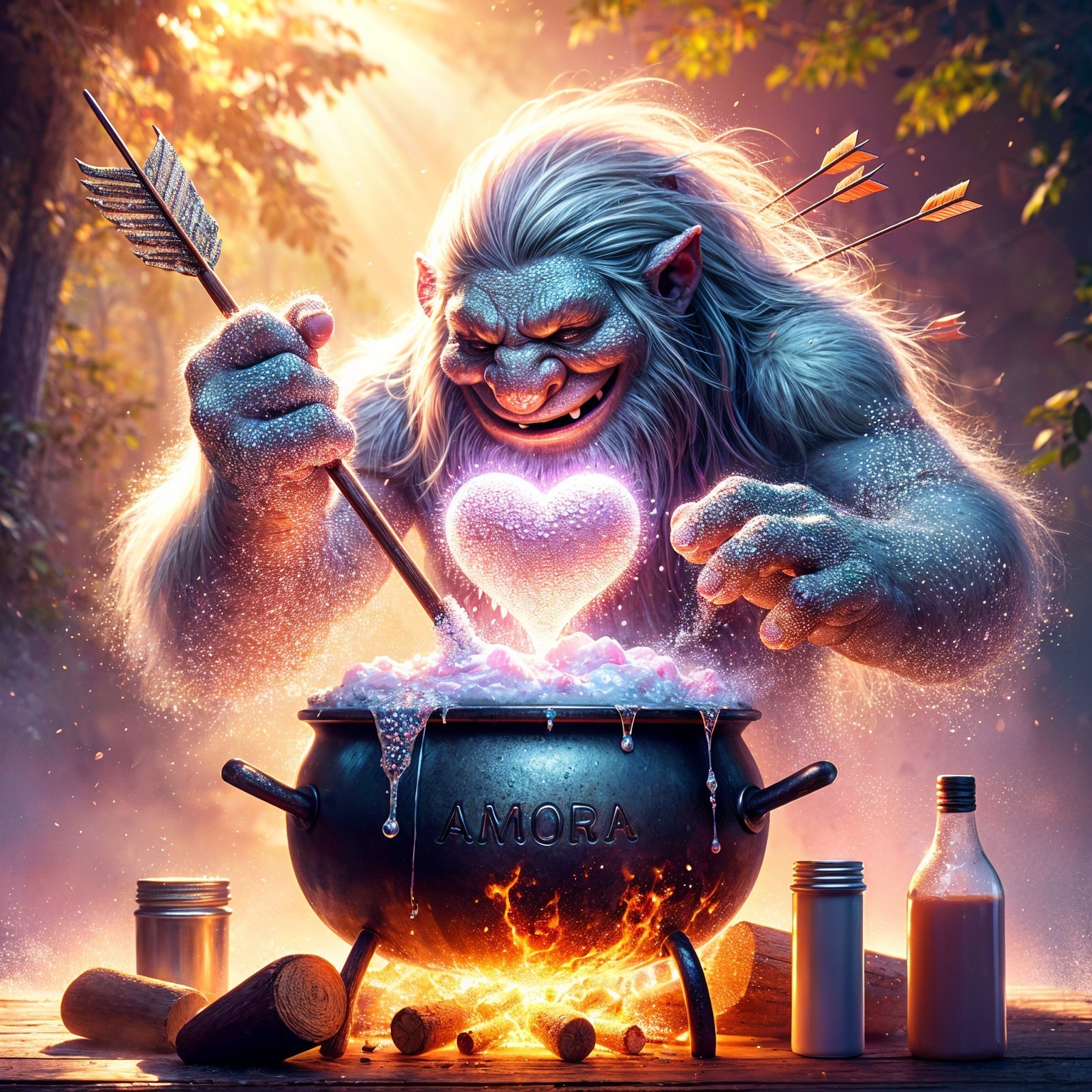 Whimsical Troll with Cauldron in Vibrant Forest