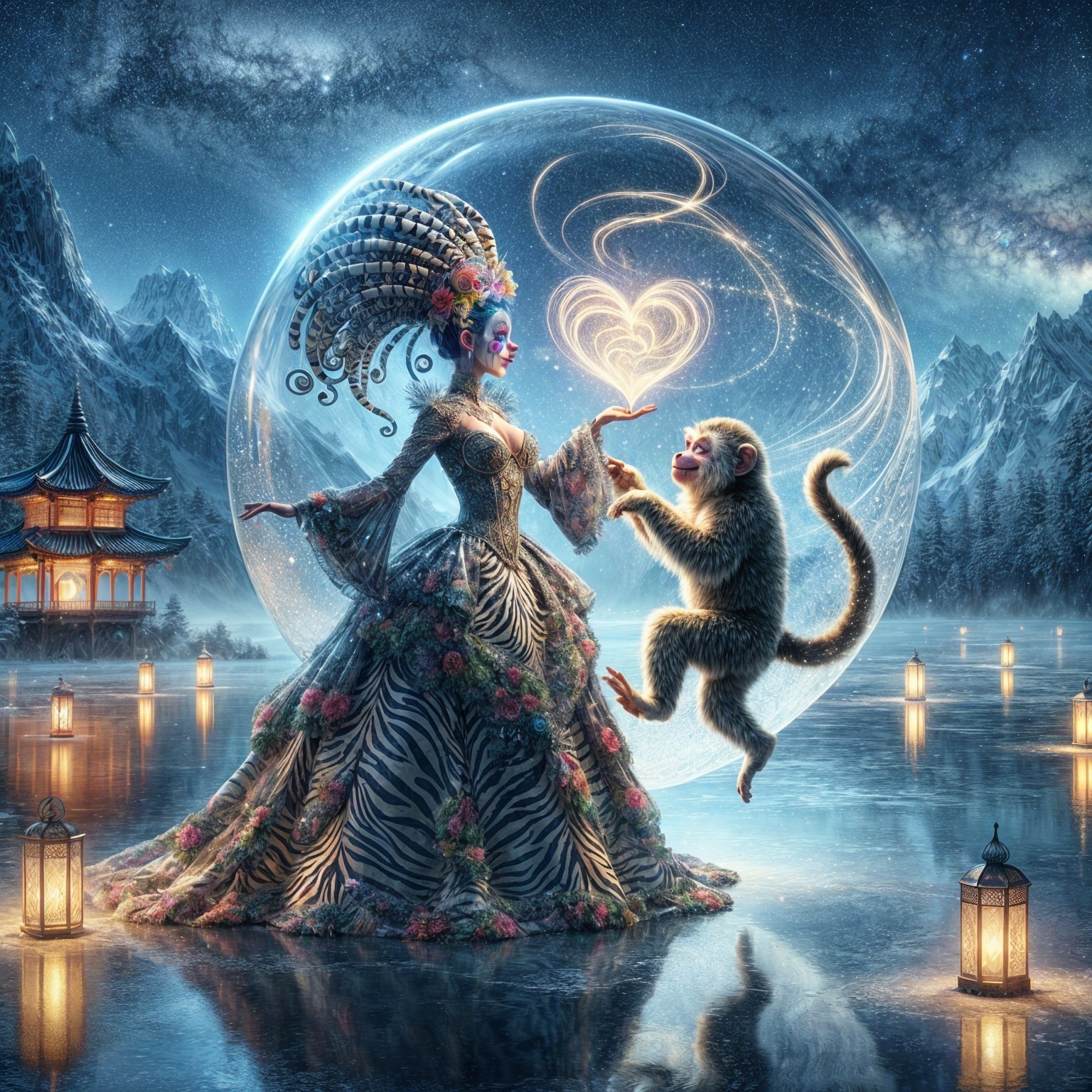 Fantasy Figure in Gown on Icy Surface with Monkey