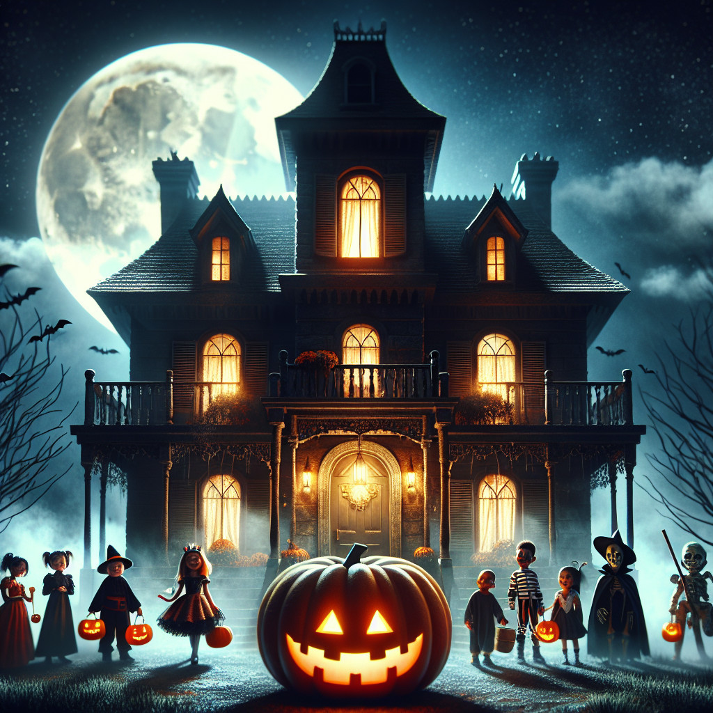 Haunted House Scene with Halloween Costumed Children