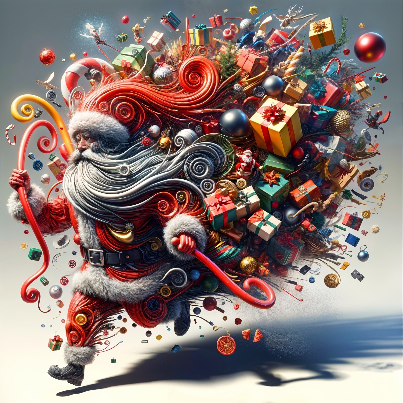 Whimsical Santa Claus Surrounded by Colorful Gifts