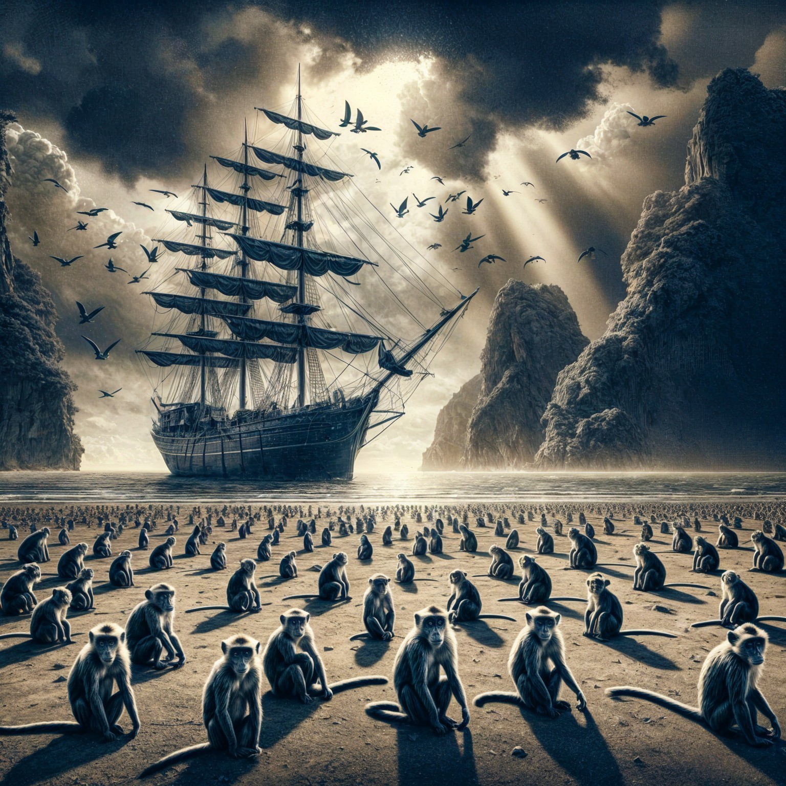 Tall Ship Sailing Near Monkeys on Sandy Beach