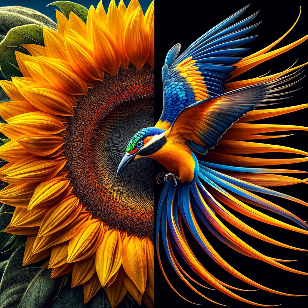 Colorful Bird on Sunflower with Spread Wings