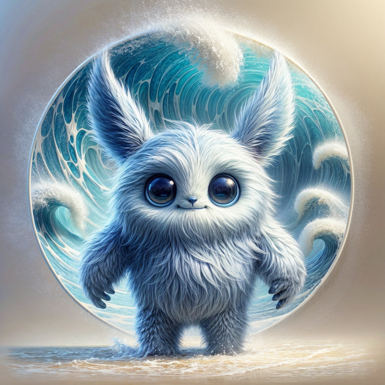 Cute Fluffy Creature Against Swirling Ocean Waves