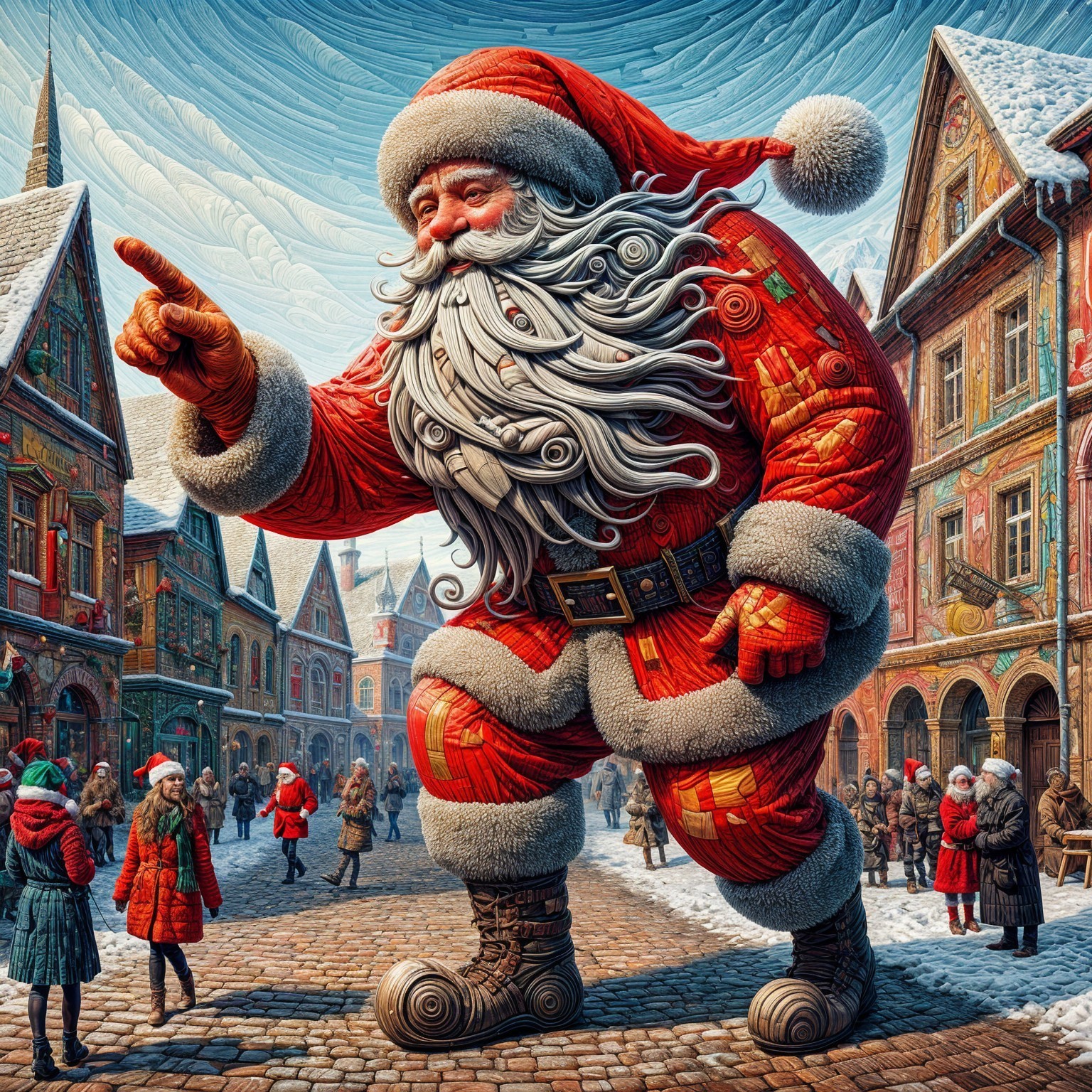 Giant Santa Claus in a Snowy Village Scene