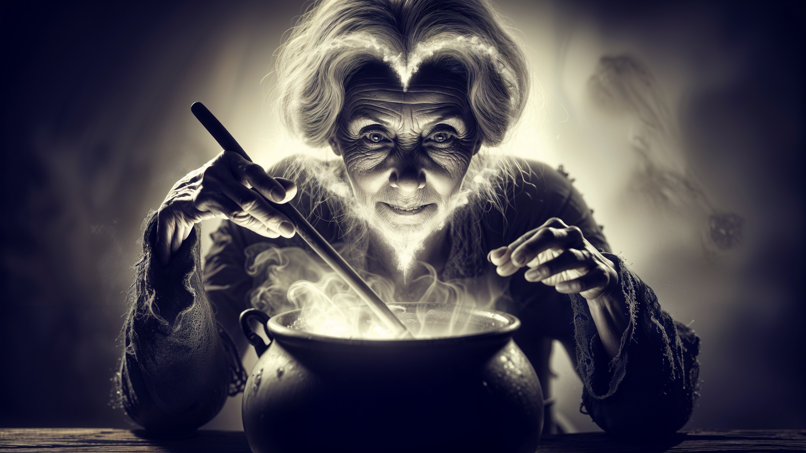 Elderly Woman Brewing Potions in Mystical Cauldron