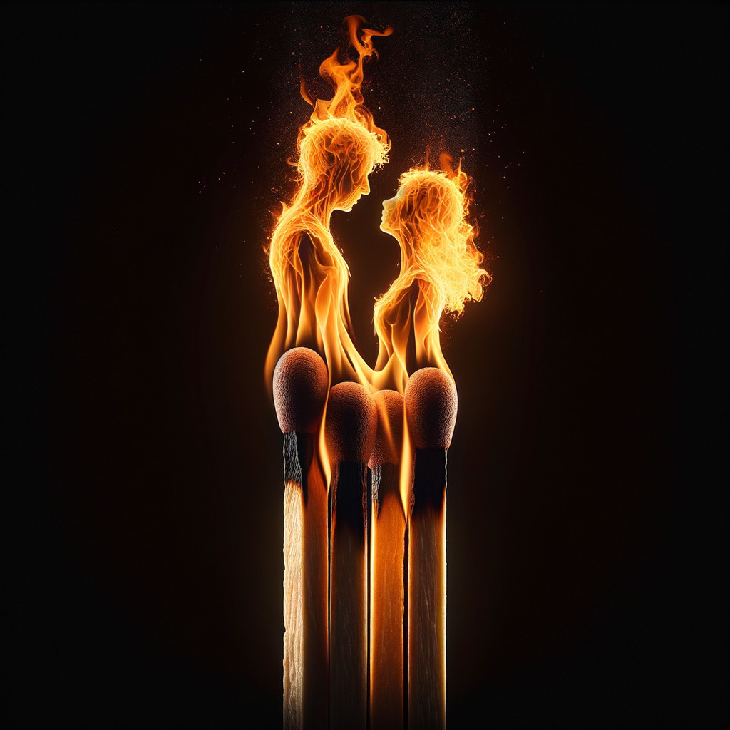 Matchsticks Forming Fiery Silhouettes of a Couple