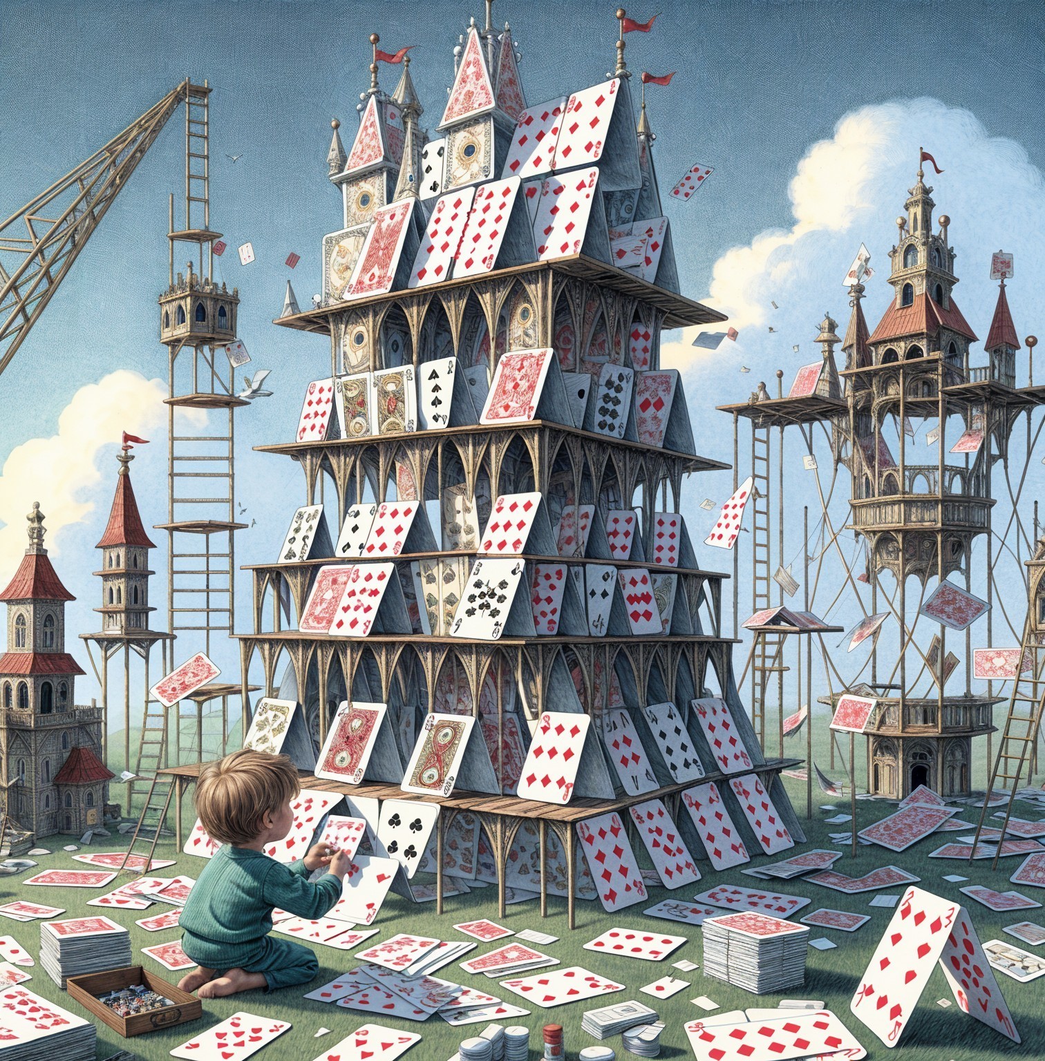 Child builds colorful card house in whimsical landscape