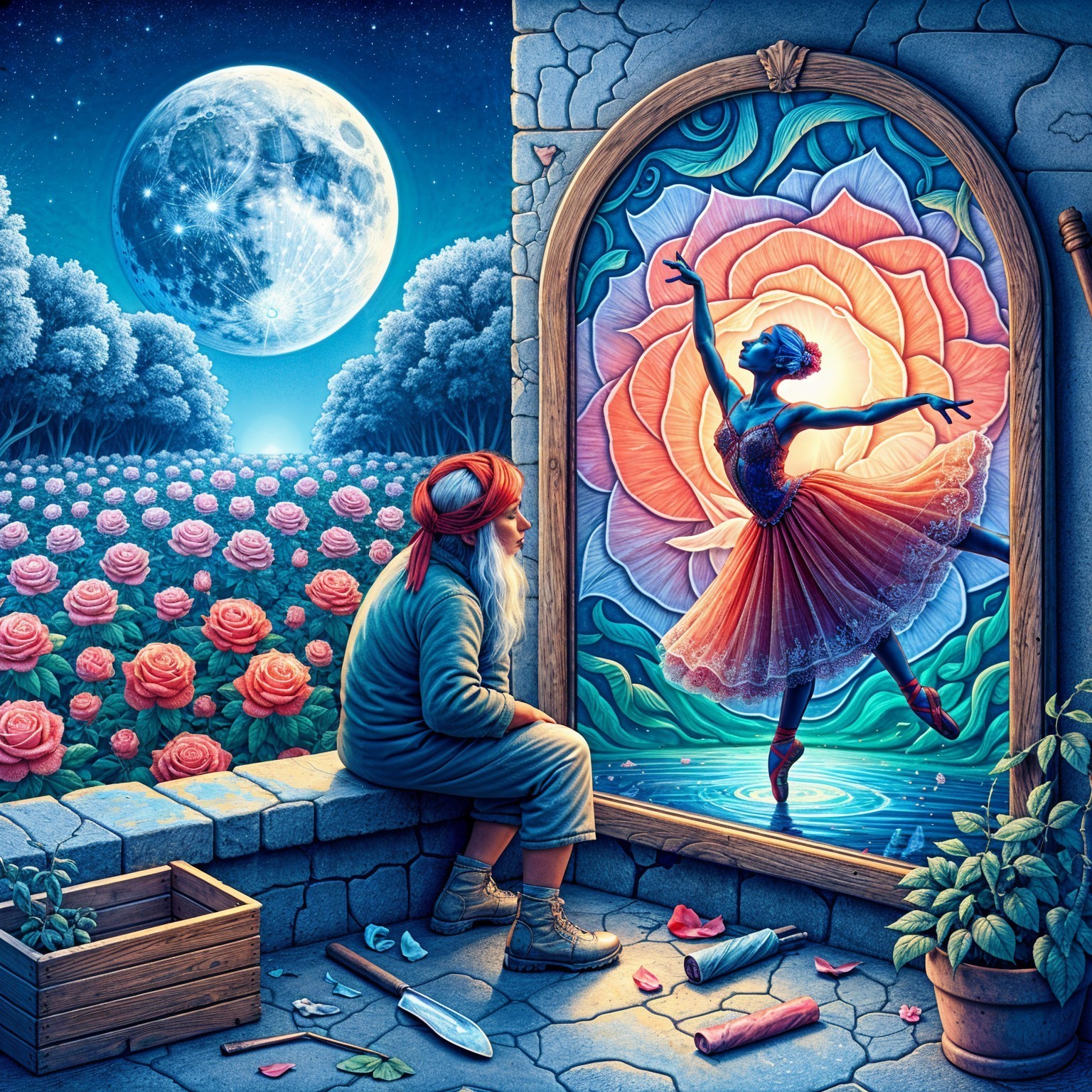 Elderly Man Observes Ballerina in Magical Mirror
