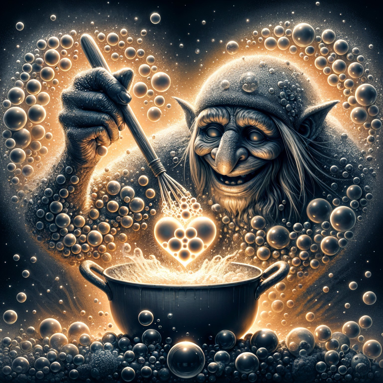 Whimsical Creature Stirring a Bubbling Cauldron