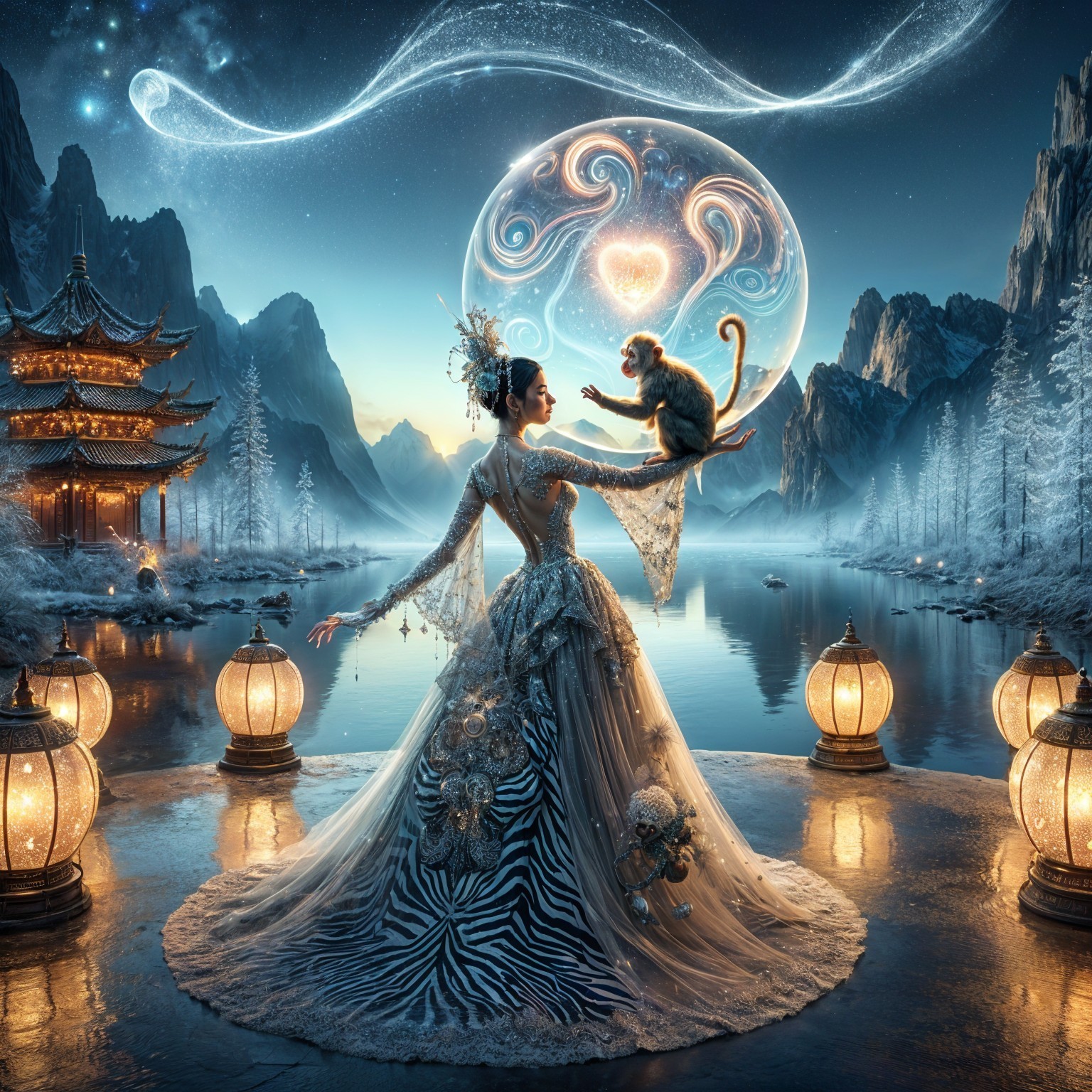 Magical Twilight Landscape with Woman and Monkey Interaction
