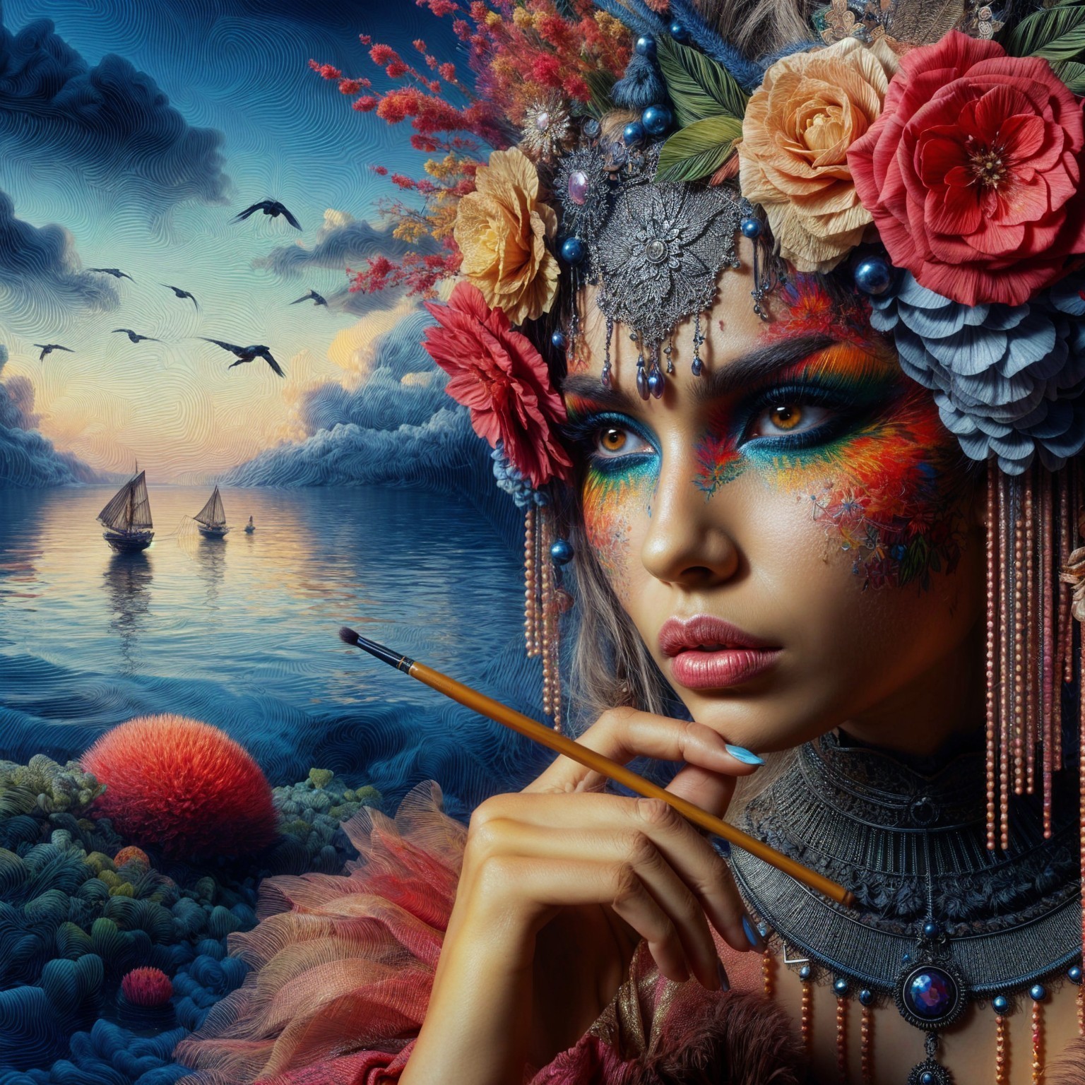 Portrait of a woman with flowers, jewelry, and seascape