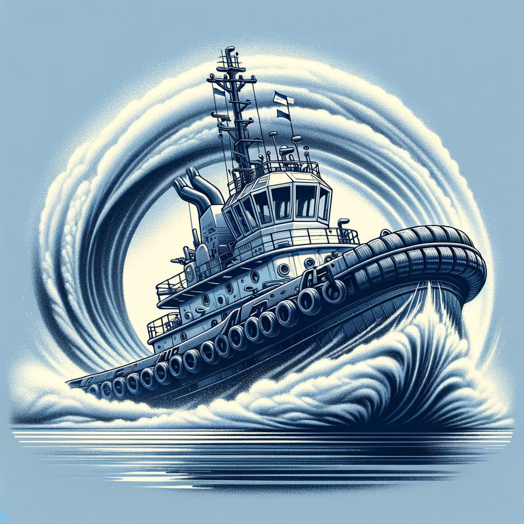 Tugboat Illustration in Turbulent Waves and Colors