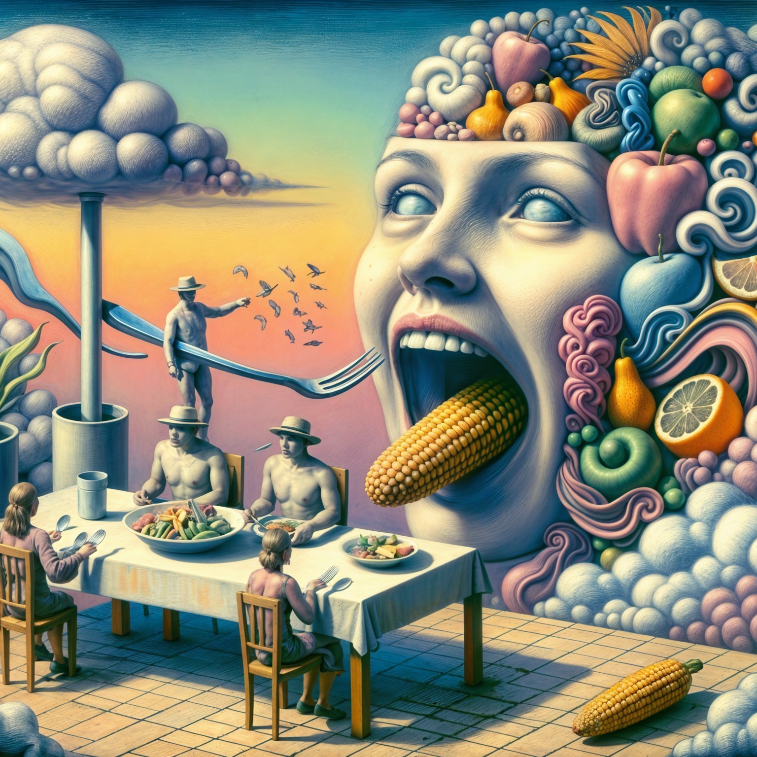 Surreal Dining Scene with Giant Head and Colorful Feast