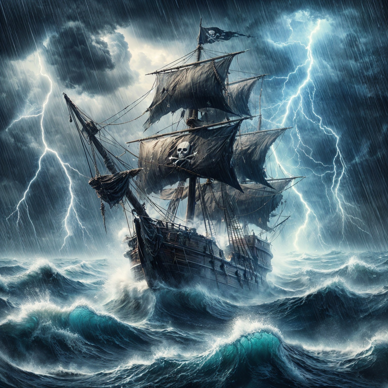 Pirate Ship Battling Stormy Seas and Lightning