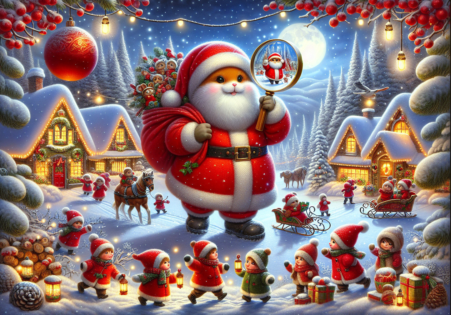 Whimsical Winter Scene with Santa and Joyful Children