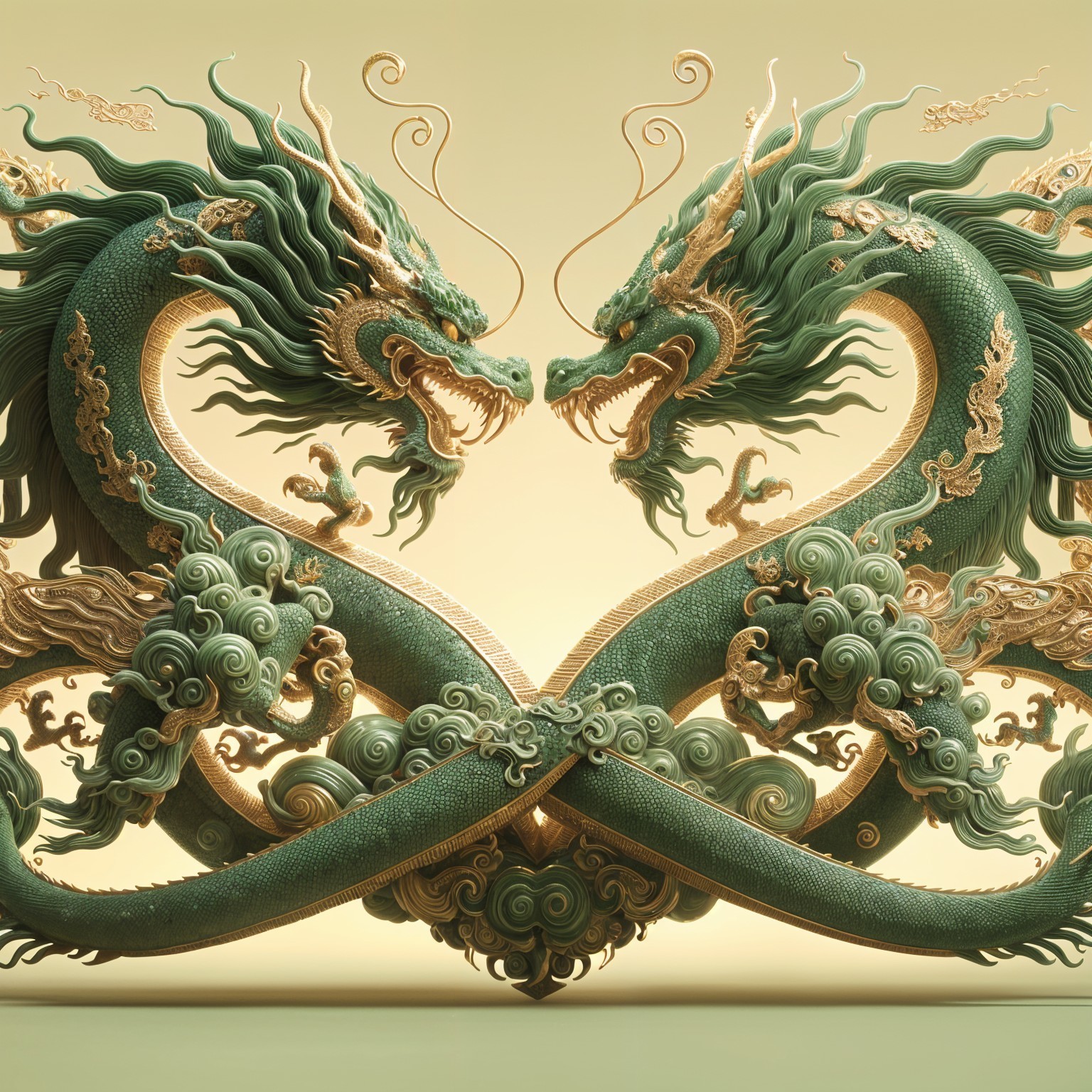 Detailed Illustration of Two Green Dragons Facing Each Other