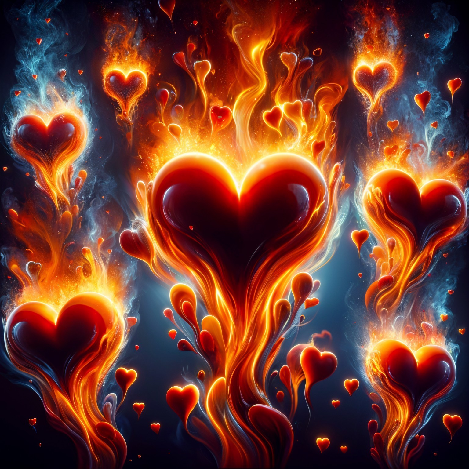 Vibrant Hearts with Fiery Flames on Dark Backdrop