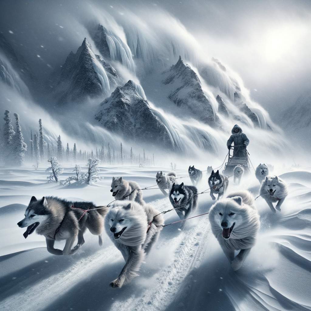 Sled Dogs Navigate Snowy Landscape with Mountains in View