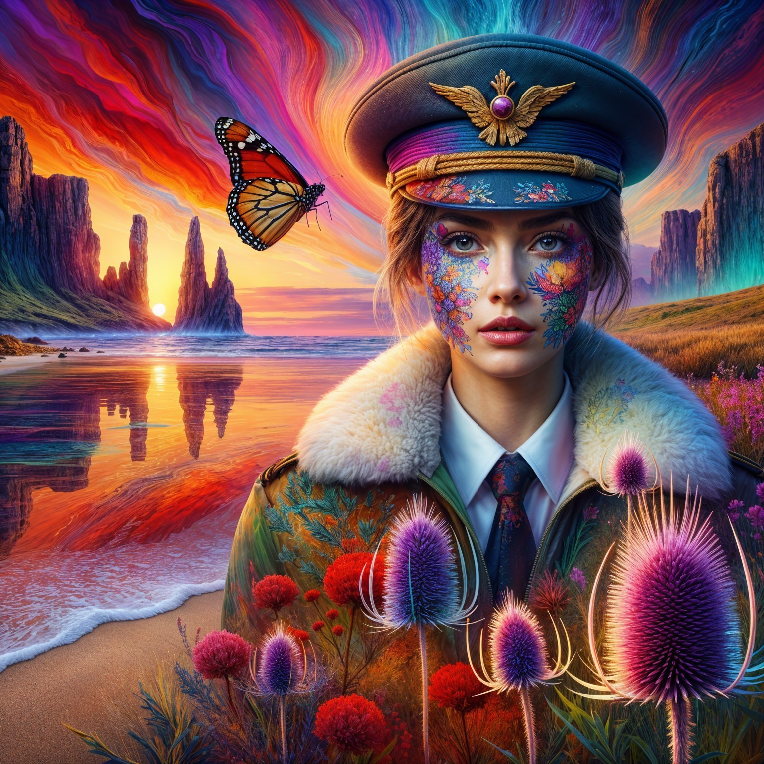 Woman in Military Cap Amidst Vibrant Sunset Landscape