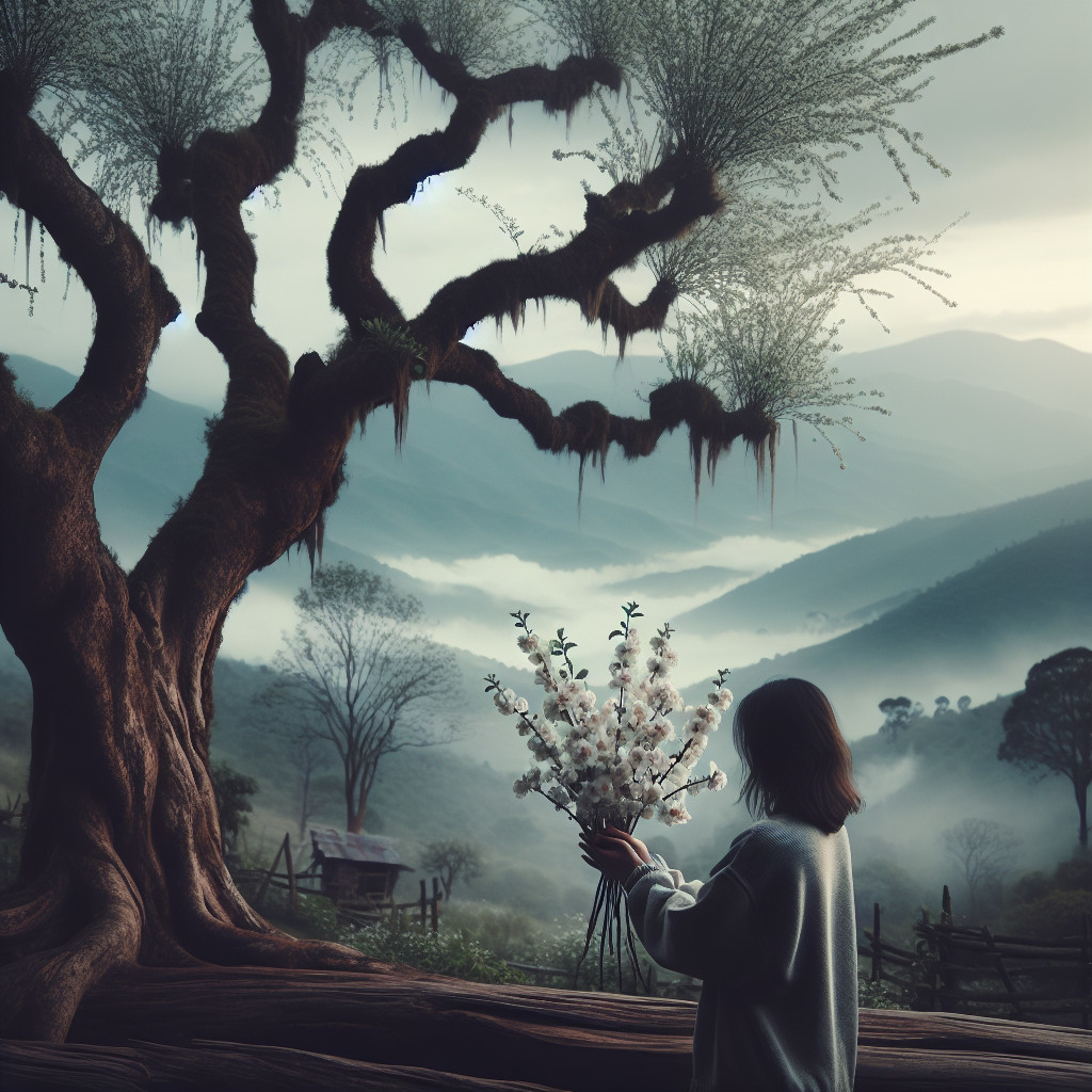 Serene landscape with woman and bouquet in nature