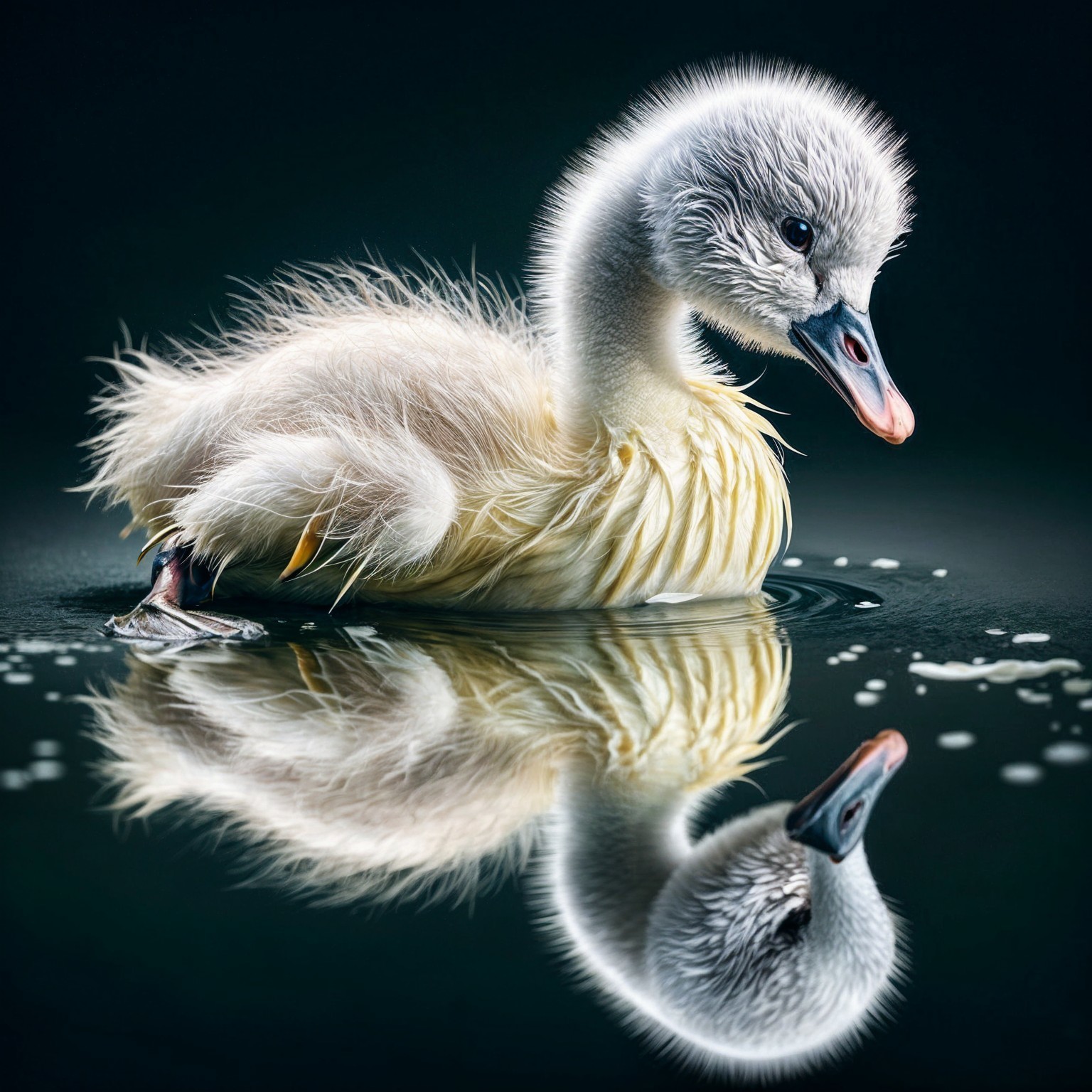 Fluffy Duckling Paddling in Calm Water with Ripples