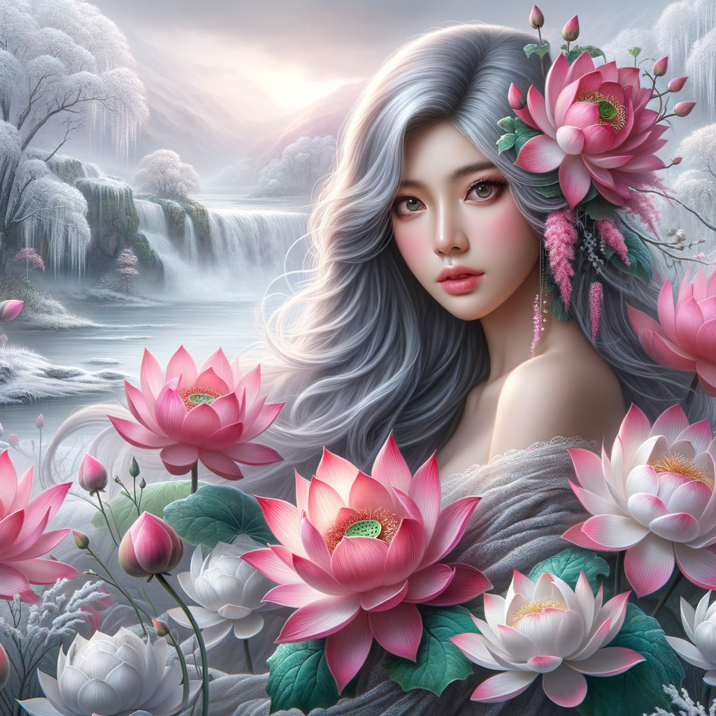 Young Woman with Silver Hair in Tranquil Landscape