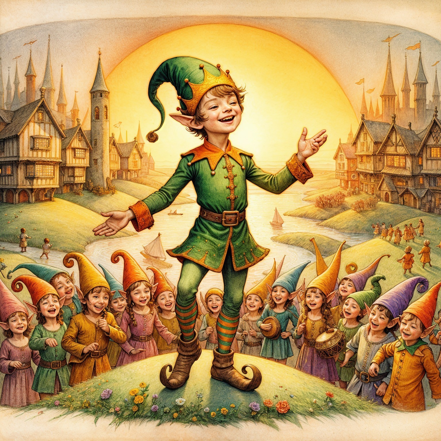 Cheerful Elf Addresses Children in Whimsical Village