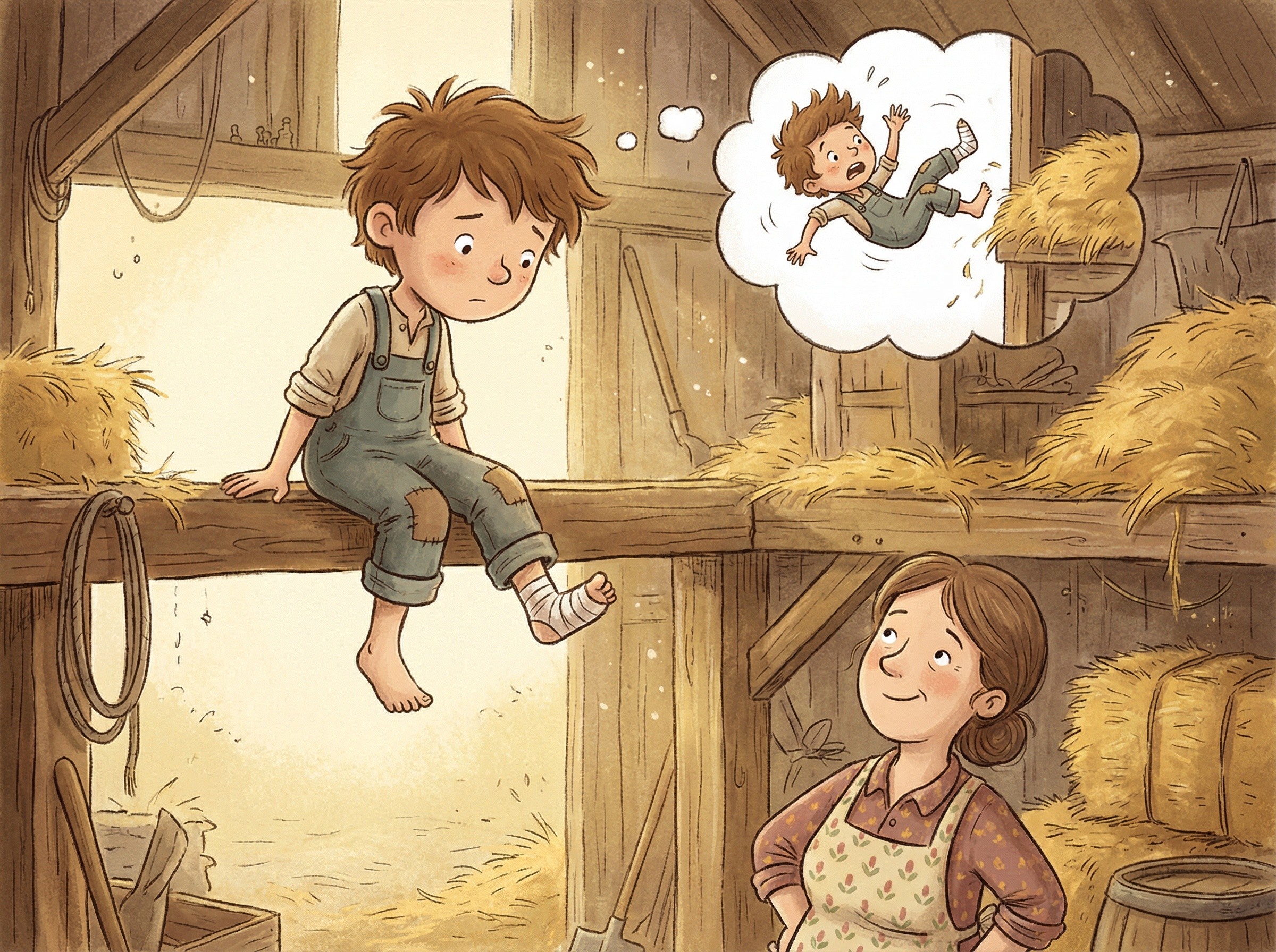 Young Boy in Barn with Bandaged Foot and Thought Bubble