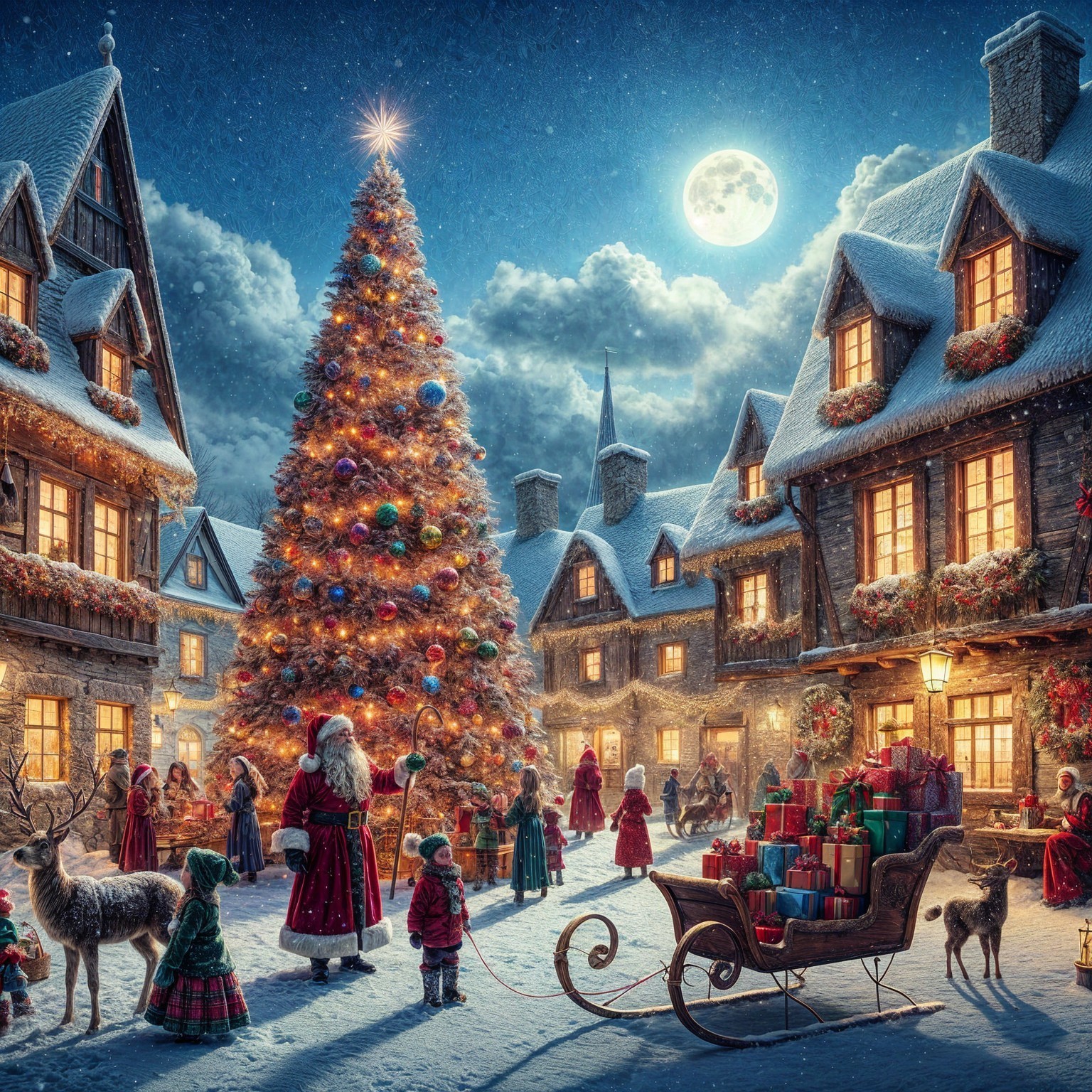 Winter Village Scene with Christmas Tree and Santa