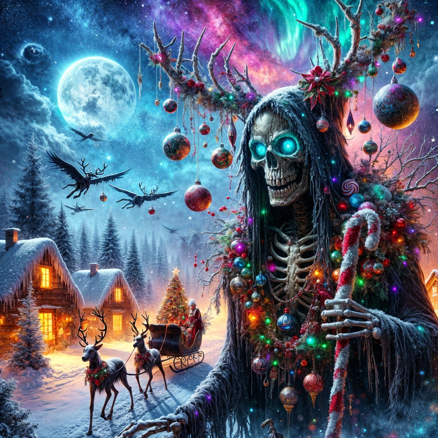 Skeletal Figure in Snowy Landscape with Aurora Borealis