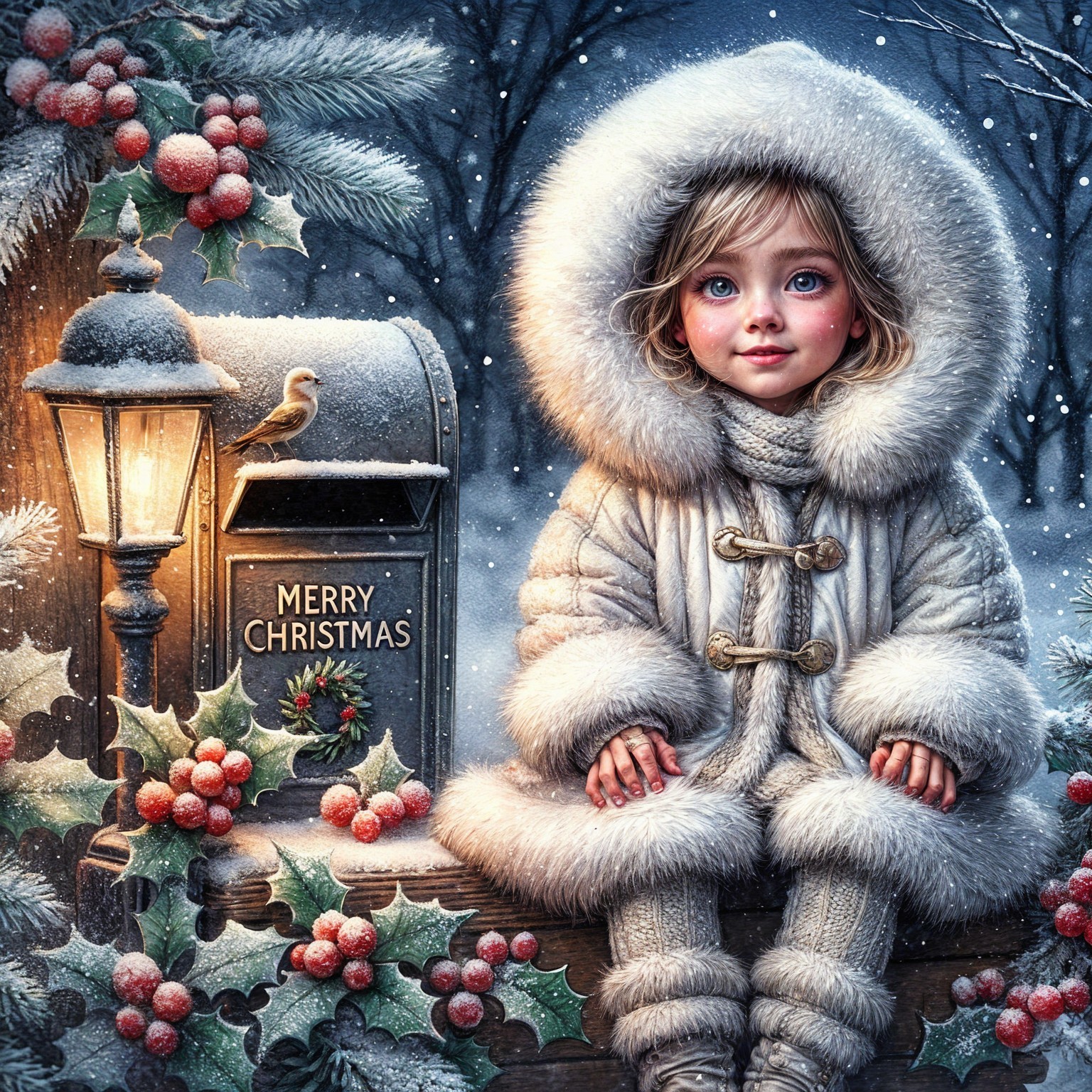 Young girl in winter coat by festive mailbox scene