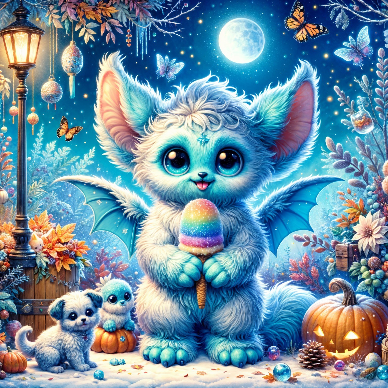 Whimsical Creature in Moonlit Setting with Ice Cream Cone