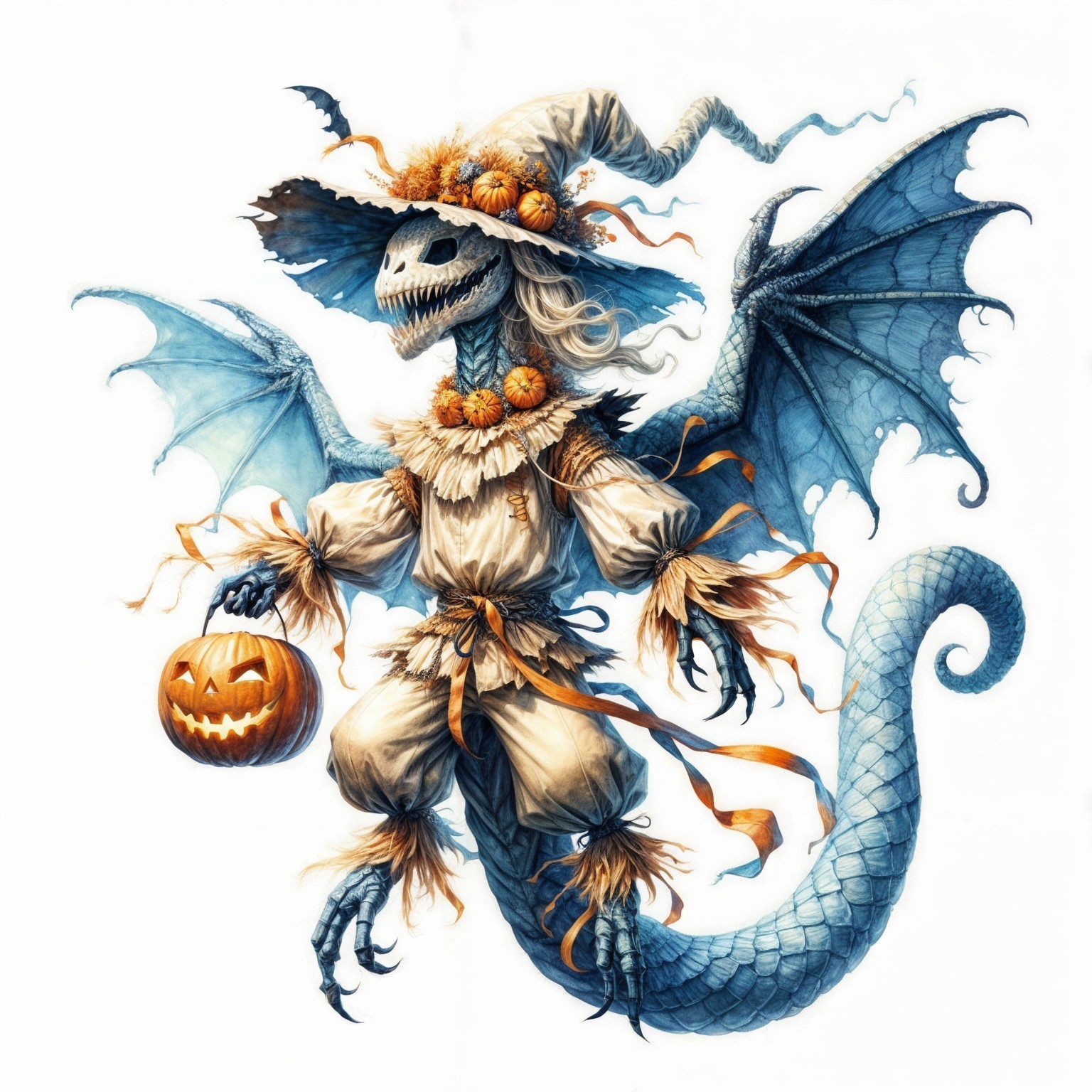 Whimsical Halloween Creature with Skeleton Head and Wings