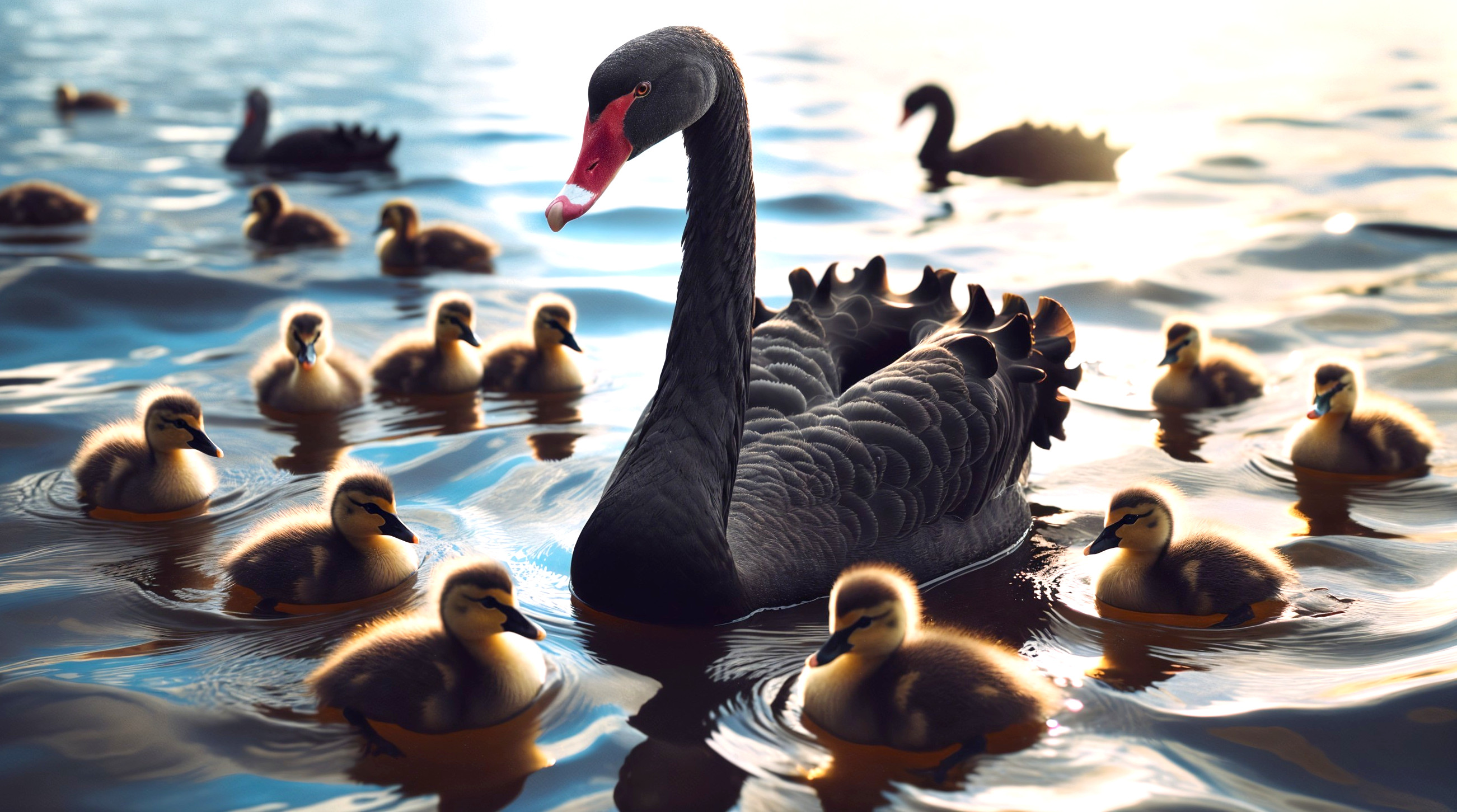 Black Swan and Ducklings on Tranquil Lake Scene