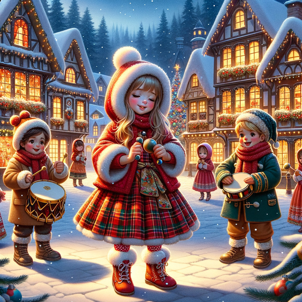 Winter Village Celebration with Children Playing Music