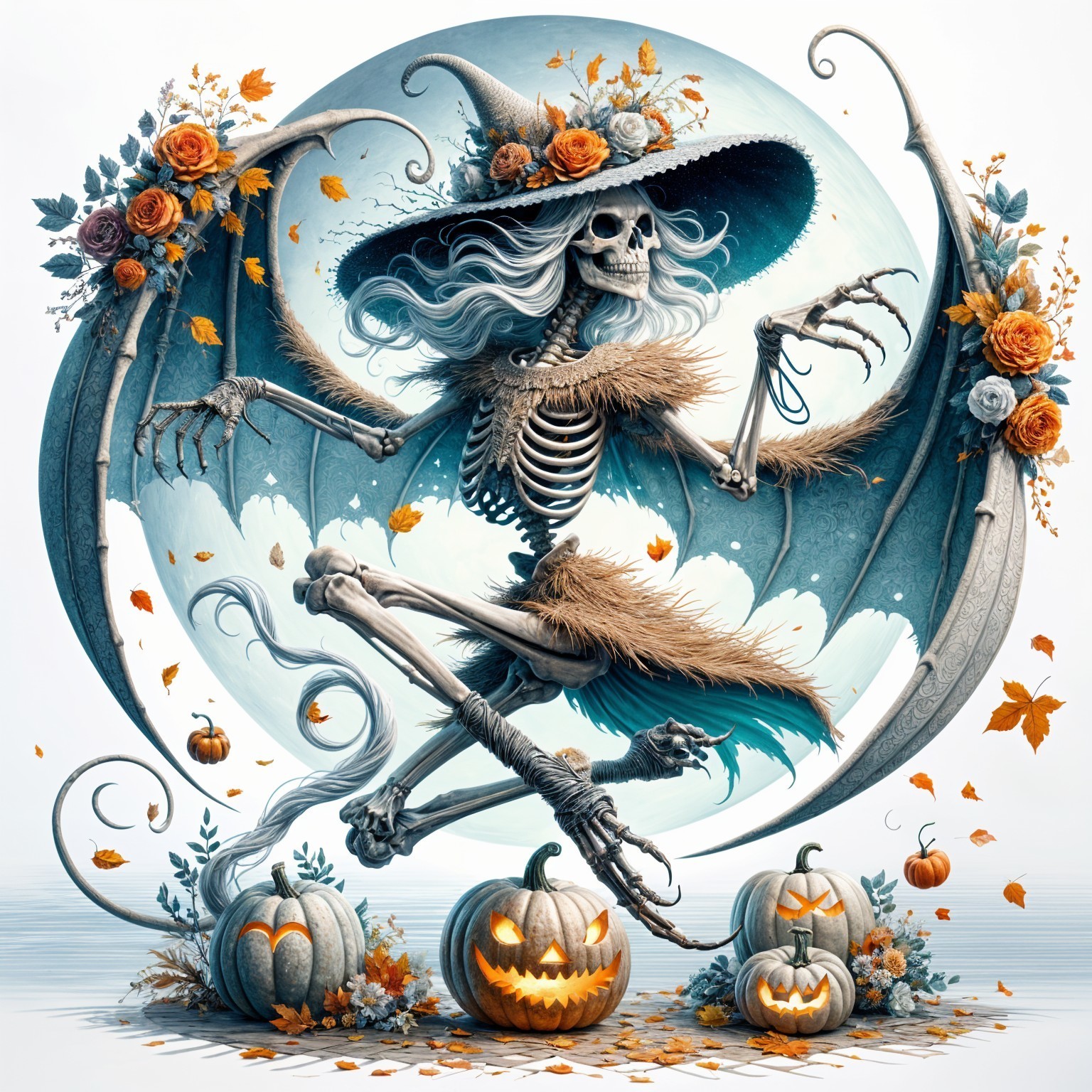Whimsical Skeleton Witch Surrounded by Autumn Decor